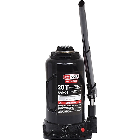 Schwarzer Hydraulik-Wagenheber mit rotem Knopf und Griff.